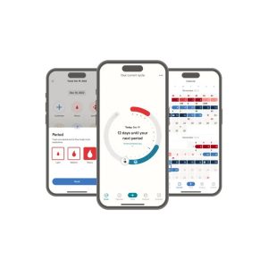 Period and fertility prediction screen showing current cycle and detailed calendar layout on a smartphone.