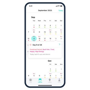 Cycles period and fertility tracker app showing predicted period and symptom insights on a calendar view.