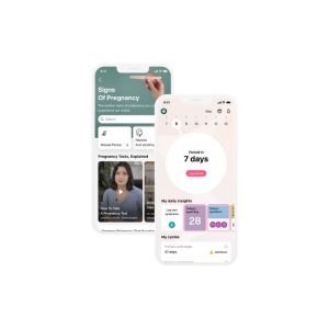 Signs of Pregnancy app with cycle tracking and period prediction features displayed on a mobile screen.