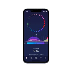 Stardust app showing hormonal insights and cycle day visualizations with colorful graphs and charts.