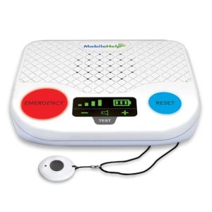 MobileHelp Classic medical alert system with red emergency button and blue reset button, along with a portable help button