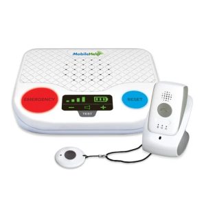 MobileHelp Duo medical alert system with both in-home and GPS-enabled mobile unit, featuring a white base station, portable device, and wearable button