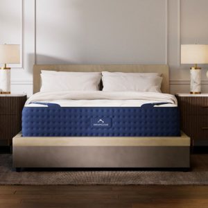 Comfortable memory foam mattress on a stylish bed with a light-colored headboard