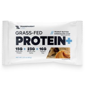 a closeup of Transparent Labs's Grass-Fed Protein+ peanut butter chocolate chip-flavored protein bar in its wrapper