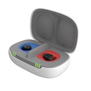 Signia InsioChargeGo AX hearing aids in their case.