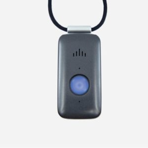 Portable medical alert pendant with emergency button and speaker.