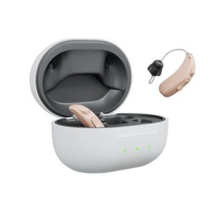 ION hearing aids with beige device and white charging case