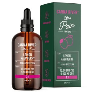 Canna River Ultra Pain Lemon Raspberry broad-spectrum tincture bottle with box packaging