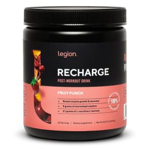 Legion Recharge post-workout drink with fruit punch flavor for muscle recovery and growth, featuring 5g creatine and 2.1g L-carnitine L-tartrate