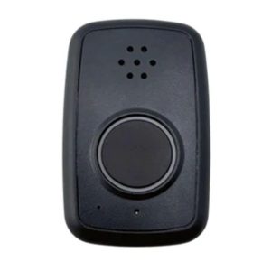 Compact black medical alert device with a speaker and button, designed for personal emergency response and wearable for safety.