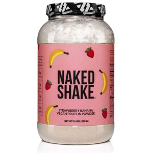 Naked Shake strawberry banana vegan protein powder 2.1lb container