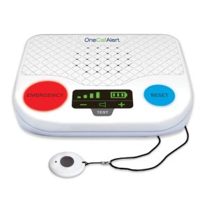 White emergency alert base station with large emergency and reset buttons