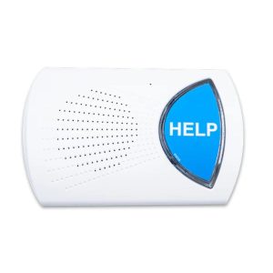 White emergency alert device with blue "HELP" button for seniors