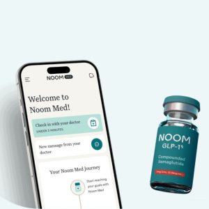 Noom Med's Compounded Semaglutide weight loss medication bottle and mobile app interface on display