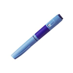 Saxenda weight loss injection pen in light blue with a dosage indicator, for managing obesity