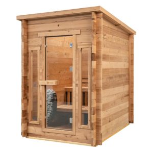 Rustic wooden sauna with large glass doors and a natural wood finish, perfect for a traditional sauna experience.