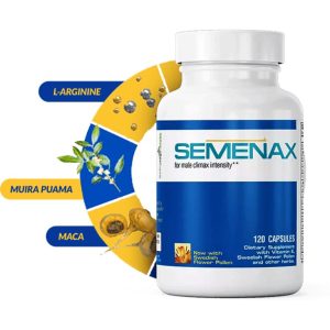 Semenax supplement bottle with labeled ingredients like L-Arginine, Muira Puama, and Maca