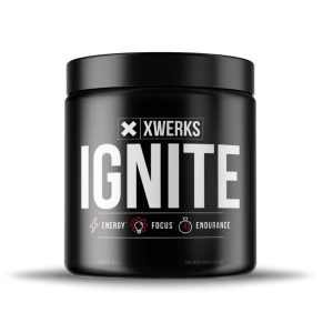 Xwerks Ignite pre-workout supplement, black container, enhances energy, focus, and endurance