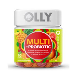 A bottle of Olly Multi-Probiotic vitamins.