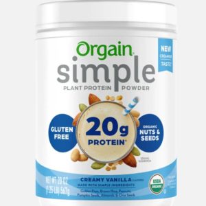 A bottle of Orgain Simple Organic Plant-Based protein powder.