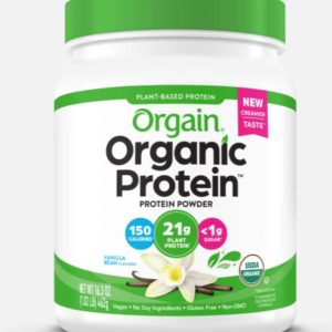 A bottle of Orgain Protein Powder.