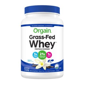 A bottle of Orgain Grass-Fed Whey Protein Powder.