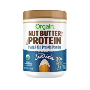 A tub of Orgain Nut Butter Protein Powder.