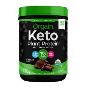 A bottle of Orgain Keto Plant Protein