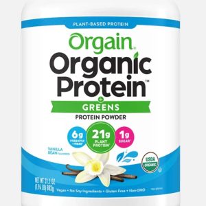 A bottle of Orgain Organic Protein and Greens