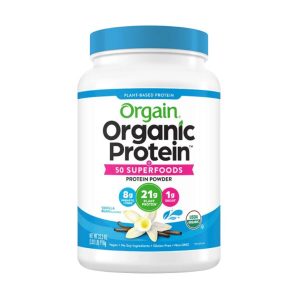 A bottle of Orgain Organic Protein and Superfoods.