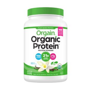 A bottle of Orgain Sport Protein Organic Plant-Based protein powder.