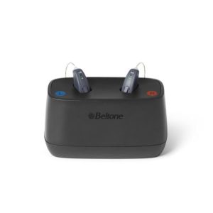 Beltone Rely hearing aid with portable charging dock