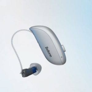 Beltone Serene advanced hearing aid in silver finish, close-up view