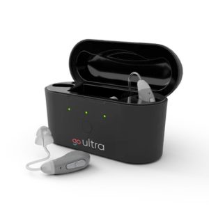 go ultra hearing aids in compact black charging case