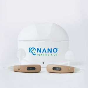 Nano Plus BTE (Behind-the-Ear) hearing aids with charging case