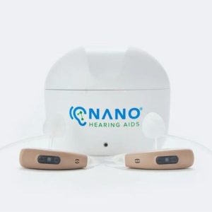 Nano Pro BTE (Behind-the-Ear) hearing aids with charging case