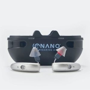 Nano RIC (Receiver-in-Canal) hearing aids with charging case