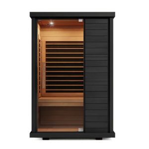 minimalist infrared sauna with black panel exterior and wood interior